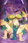 anthro breasts dragon female grey_hair hair hi_res ketzal open_mouth purplelemons red_eyes solo tribal_clothing yellow_body 