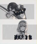  1boy 1girl alcryst_(fire_emblem) armor arrow_(projectile) bad_id bad_poipiku_id bow_(weapon) fire_emblem fire_emblem_engage gloves greyscale hair_ornament hairband hairclip holding holding_weapon lapis_(fire_emblem) monochrome open_mouth rain ribbon short_hair smile weapon wspread 