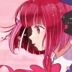  1girl arima_kana bifudon black_bow blue_headwear blunt_bangs bob_cut bow bowtie collared_shirt commentary crying crying_with_eyes_open hat hat_bow highres inverted_bob no_pupils oshi_no_ko parted_lips pink_background pink_bow pink_bowtie red_eyes red_hair school_uniform shirt short_hair solo tears white_shirt youtou_high_school_uniform 