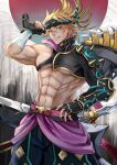  1boy abs absurdres axe bare_pectorals blonde_hair blue_eyes cowboy_shot fate/grand_order fate_(series) fingerless_gloves gloves headband heian highres holding holding_axe holding_weapon ichimichi_111 igote looking_at_viewer male_focus muscular muscular_male official_alternate_costume over_shoulder pectorals sakata_kintoki_(fate) sakata_kintoki_(heian_warrior_attire)_(fate) short_hair single_bare_shoulder smile solo weapon weapon_over_shoulder 