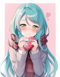  1girl aqua_hair bang_dream! blush box commentary embarrassed english_commentary fries_vanquisher gift gift_box green_eyes grey_jacket heart heart-shaped_box highres hikawa_sayo holding holding_gift incoming_gift jacket layered_clothes long_hair looking_at_viewer ribbon scarf solo two-tone_background valentine 