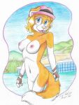  anthro blonde_hair blue_eyes border_collie breasts canid canine canis clothing collie domestic_dog female fur furry hair hat hat_only headgear headgear_only headwear headwear_only herding_dog hi_res mammal mostly_nude nintendo nude outdoor_nudity outside pastoral_dog pokemon pokemon_trainer serena_(pokemon) sheepdog silversimba01 solo swimming_pool yellow_body yellow_fur 