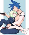  2boys asymmetrical_hair barefoot blue_hair blue_pajamas blush compression_sleeve controller couple feet galo_thymos green_hair hand_on_another&#039;s_hip highres holding holding_remote_control light_blue_background lio_fotia moegi0926 multiple_boys muscular muscular_male otoko_no_ko pajamas promare remote_control short_hair sidecut sitting sitting_on_lap sitting_on_person sleeping sleeping_on_person spoken_zzz topless_male undercut yaoi zzz 