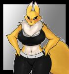  absurd_res akibarx anthro athletic_wear bandai_namco big_breasts black_sclera blue_eyes blush bodily_fluids bottomwear bra breasts clothed clothing digimon digimon_(species) female fluffy fluffy_tail fur hands_on_hips hi_res midriff neck_tuft pants renamon solo sports_bra sweat sweatdrop tail tight_bottomwear tight_clothing tight_pants tuft underwear yellow_body yellow_fur yoga_pants 