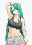  1girl absurdres arknights arm_up armpits bare_arms bare_shoulders casperrin commentary_request crop_top green_hair grey_background grey_pants hair_between_eyes highres horns hoshiguma_(arknights) long_hair looking_at_viewer midriff navel pants simple_background single_horn smile solo sports_bra stomach upper_body very_long_hair yellow_eyes 