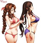  2girls aerith_gainsborough ass behind_another bikini black_hair braid braided_ponytail breasts brown_hair final_fantasy final_fantasy_vii from_side green_eyes large_breasts long_hair medium_breasts mina_cream multiple_girls navel purple_bikini red_bikini red_eyes stomach swimsuit tifa_lockhart tying_another&#039;s_hair very_long_hair 