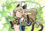  1girl :3 :d ahoge animal_ear_fluff animal_ears bare_shoulders black_shirt cat_ears cat_tail commentary_request crop_top detached_sleeves fake_animal_ears genshin_impact green_eyes grey_hair half_updo kirara_(genshin_impact) long_hair long_sleeves looking_at_viewer midriff multiple_tails navel open_mouth shirt sleeveless sleeveless_shirt smile solo stomach tail translation_request two_tails upper_body uzikowa 