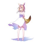  1girl absurdres alternate_costume alternate_hairstyle animal_ear_fluff animal_ears arms_behind_back bare_shoulders barefoot black_hair blonde_hair blue_nails blush braid breasts cleavage closed_mouth dress epilogue_in_the_attic_(hololive) floating_hair fox_ears fox_girl fox_tail full_body heart heart-shaped_pupils highres hololive ichijo_rei looking_to_the_side medium_breasts medium_hair multicolored_hair nail_polish official_art omaru_polka pink_hair purple_eyes shadow sidelocks simple_background sleeveless sleeveless_dress smile solo spaghetti_strap standing streaked_hair symbol-shaped_pupils tachi-e tail toenail_polish toenails twin_braids twintails virtual_youtuber white_background white_dress wind 