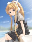  1girl air_(visual_novel) backlighting black_dress black_socks blonde_hair blue_eyes blue_sky blush bow closed_mouth commentary day dogu_illust dress eyelashes feet_out_of_frame from_side grey_shirt hair_bow hair_ribbon highres kamio_misuzu kneehighs leaning_forward long_hair looking_at_viewer outdoors ponytail puffy_short_sleeves puffy_sleeves ribbon school_uniform shirt short_sleeves sidelocks sitting sky smile socks solo straight_hair sunlight tareme very_long_hair white_bow white_ribbon 