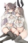  2girls alternate_costume amatsukaze_(kancolle) black_panties black_thighhighs blonde_hair blush breasts chigasaki_yukari cleavage closed_mouth commentary_request crop_top grey_eyes grey_hair hair_between_eyes hair_tubes highleg highleg_panties highres kantai_collection long_hair long_sleeves looking_at_viewer medium_breasts multiple_girls navel panties shimakaze_(kancolle) shirt simple_background sitting thighhighs two_side_up underwear v very_long_hair white_background white_shirt yellow_eyes 