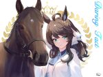  1girl ahoge ascot black_hair blue_ascot blue_collar blue_eyes breasts character_name coat collar collared_shirt commentary_request creature_and_personification daring_tact_(racehorse) daring_tact_(umamusume) dress english_text hair_between_eyes hair_ornament highres horse horse_girl kashmir_0808 looking_at_viewer medium_breasts medium_hair portrait reins shirt signature simple_background tiara umamusume white_background white_coat white_dress 