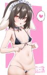  animal_ears bikini black_bikini black_hair blush breasts cleavage commentary cowboy_shot heart inaba_tewi looking_at_viewer maid_headdress micro_bikini midriff navel open_mouth outline pink_background rabbit_ears rabbit_girl red_eyes short_hair signature small_breasts solo spoken_heart standing swimsuit touhou twitter_username usaka_ray white_outline 