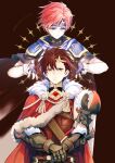  2boys armor blue_eyes cape closed_mouth diamant_(fire_emblem) fingerless_gloves fire_emblem fire_emblem_engage fur_trim gloves headband male_focus multiple_boys red_eyes red_hair roy_(fire_emblem) shoochiku_bai short_hair shoulder_armor simple_background 