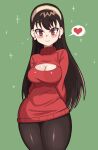  1girl absurdres black_hair blush breasts cleavage_cutout closed_mouth clothing_cutout hairband heart highres long_hair looking_at_viewer medium_breasts mg991998 pantyhose red_eyes red_sweater smile solo spy_x_family sweater thick_thighs thighs yellow_hairband yor_briar 