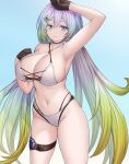  1girl arm_up armpits asamura_hiori bare_shoulders bikini black_gloves blush breasts cleavage collarbone criss-cross_halter cupitan_(granblue_fantasy) gloves gradient_hair granblue_fantasy green_eyes green_hair grey_hair halterneck highres huge_breasts long_hair looking_at_viewer low_twintails multicolored_hair navel official_alternate_costume smile solo swimsuit thigh_strap thighs twintails very_long_hair white_bikini 