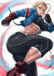  1girl abs armored_gloves black_pants blonde_hair blue_eyes blue_jacket cammy_white cropped_jacket fingerless_gloves gloves highres jacket midriff mikel_(4hands) pants red_footwear short_hair solo sports_bra street_fighter street_fighter_6 