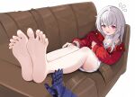  1girl absurdres bare_legs barefoot blush clara_(honkai:_star_rail) couch feet flying_sweatdrops foot_focus hair_between_eyes highres honkai:_star_rail honkai_(series) jacket long_hair nervous on_couch open_mouth red_jacket soles toes v.a._(vanilla) white_hair 