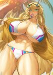  1girl ass ass_visible_through_thighs barghest_(fate) barghest_(swimsuit_archer)_(fate) blonde_hair blush breasts coconut coconut_tree fate/grand_order fate_(series) huge_breasts long_hair looking_at_viewer melon22 muscular muscular_female official_art palm_tree swimsuit thighs tree 