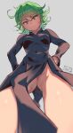  ? artist_name ass_visible_through_thighs black_dress breasts dress from_below green_eyes green_hair highres looking_at_viewer no_panties one-punch_man ryuji_(red-truth) short_hair simple_background tatsumaki 