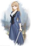  1girl blonde_hair blue_dress breasts castle dress feet_out_of_frame formal grey_eyes hair_between_eyes highres holding holding_sword holding_weapon long_hair long_sword looking_to_the_side medium_breasts miura-n315 mole mole_under_eye original outdoors solo standing sword weapon 