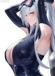  1girl absurdres armpits arms_up artist_name azur_lane blush breasts enterprise_(azur_lane) enterprise_(diving_under_blue_skies)_(azur_lane) eyewear_on_head goggles goggles_on_head grey_hair hair_tie_in_mouth highres large_breasts larger_bmx long_hair mouth_hold official_alternate_costume purple_eyes simple_background solo swim_goggles upper_body wet white_background 