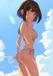  1girl absurdres ass bare_shoulders black_hair breasts cloud cloudy_sky etsutsuni highres idolmaster idolmaster_cinderella_girls idolmaster_cinderella_girls_starlight_stage lens_flare medium_breasts ribbon sailor_bikini sailor_collar short_hair sky smile solo swimsuit takafuji_kako thighs v yellow_eyes 