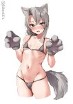  1girl animal_ear_fluff animal_ears animal_hands bare_shoulders bikini black_bikini blush breasts cowboy_shot cropped_legs ebifurya fake_animal_ears gloves grey_eyes grey_hair groin hands_up highres kantai_collection micro_bikini navel nowaki_(kancolle) one-hour_drawing_challenge open_mouth parted_bangs paw_gloves simple_background skindentation small_breasts solo stomach swimsuit tail thighs twitter_username underboob white_background wolf_ears wolf_girl wolf_tail 