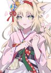  1girl :d animal_ear_fluff animal_ears apron arknights blonde_hair branch commentary_request flower fox_ears fox_girl fox_tail frilled_apron frills hairband highres holding holding_branch long_hair long_sleeves looking_at_viewer obi petals pink_flower red_hairband sash smile solo suzuran_(arknights) suzuran_(yukibare)_(arknights) tail tuggi very_long_hair waist_apron white_apron white_flower wide_sleeves 