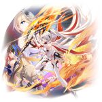  4girls bianka_durandal_ataegina bianka_durandal_ataegina_(palatinus_equinox) blonde_hair blue_eyes brown_hair fire full_body grey_hair holding holding_sword holding_weapon honkai_(series) honkai_impact_3rd kiana_kaslana kiana_kaslana_(herrscher_of_flamescion) li_sushang light_brown_hair long_hair multiple_girls official_art purple_eyes rita_rossweisse rita_rossweisse_(spina_astera) sword third-party_source weapon white_hair 