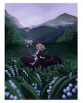  1girl black_skirt blonde_hair border bow cloud cloudy_sky copyright_request doll grass grey_sky hair_bow highres medicine_melancholy mountain open_mouth posumine red_bow short_sleeves skirt sky smile tree white_border 