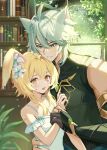  1boy 1girl alhaitham_(genshin_impact) animal_ears aqua_eyes black_bodysuit black_shirt blonde_hair bodysuit cat_ears dress flower genshin_impact grey_hair hair_between_eyes hair_flower hair_ornament highres long_hair lumine_(genshin_impact) open_mouth rabbit_ears senasolumi shirt short_hair white_dress white_flower yellow_eyes 