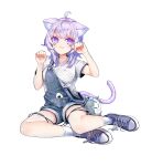 1girl :3 alternate_costume animal_ears bag blush blush_stickers cat_ears cat_girl cat_tail closed_mouth commentary_request ena1215 gawr_gura handbag highres hololive looking_at_viewer nekomata_okayu overall_shorts overalls paw_pose purple_eyes purple_hair shirt shoes short_hair simple_background smile sneakers socks solo striped striped_shirt t-shirt tail virtual_youtuber wavy_hair white_background white_shirt white_socks 
