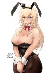  1girl animal_ears artist_name bare_shoulders black_leotard black_pantyhose blonde_hair blue_eyes blush bow braid breasts cleavage closed_mouth commentary_request cowboy_shot crown dated fake_animal_ears fake_tail french_braid hair_between_eyes highres kantai_collection large_breasts leotard long_hair looking_at_viewer owa_(ishtail) pantyhose red_bow simple_background solo strapless strapless_leotard tail tilted_headwear warspite_(kancolle) white_background 