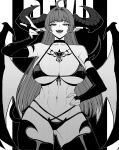 1girl ahoge ass_visible_through_thighs bikini blunt_bangs breasts bridal_gauntlets chest_tattoo choker collarbone commentary cowboy_shot demon_girl demon_horns demon_tail demon_wings english_commentary fangs greyscale hand_on_own_hip heart highres horns large_breasts long_hair looking_at_viewer mole mole_under_eye monochrome navel open_mouth original pointy_ears solo swimsuit tail tattoo teeth thighhighs tongue v wings yones81239278 