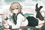  1girl :q absurdres alternate_costume black_socks brown_hair crazy_straw cup disposable_cup drinking_straw feet fish green_eyes green_sailor_collar green_skirt highres holding holding_cup holding_mahjong_tile honkai:_star_rail honkai_(series) kneehighs legs licking_lips long_hair long_sleeves looking_at_viewer lying no_shoes on_stomach pillow pleated_skirt qingque_(honkai:_star_rail) revision sailor_collar school_uniform serafuku shirt skirt socks soles solo toes tongue tongue_out wangzili_shitoumen white_shirt 