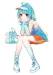  1girl :3 absurdres bag bare_shoulders blue_hair blush braid breasts elbow_rest fishnets hands_on_own_cheeks hands_on_own_face head_rest heart highres jacket kneehighs long_sleeves looking_at_viewer medium_breasts medium_hair multicolored_hair multicolored_nails nemoto_yuuma orange_eyes orange_shorts ramune see-through shiranami_ramune shorts side_braid simple_background socks solo streaked_hair swept_bangs visor_cap vspo! white_background white_footwear white_hair white_socks 