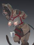  angry anthro bdsm bethesda_softworks bondage bound breasts bucket clothed clothing container digital_media_(artwork) exposed_breasts felid feline female fur hi_res hood khajiit khamira mammal nipple_clamp nipples open_mouth pnim restraints rope rope_bondage rope_harness solo tail teeth the_elder_scrolls tongue 