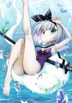  1girl :t aqua_eyes ass black_hairband bubble closed_mouth commentary_request full_body futa_(nabezoko) ghost grey_hair hairband highres katana konpaku_youmu konpaku_youmu_(ghost) looking_at_viewer one-piece_swimsuit purple_one-piece_swimsuit short_hair solo swimsuit sword touhou underwater weapon 