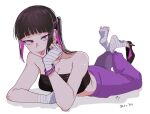  1girl :p arm_support bandages black_hair black_tube_top blunt_bangs bracelet breasts cleavage closed_mouth earrings eye_(mememem) feet feet_up full_body han_juri high_heels highres jewelry long_hair looking_at_viewer lying no_shoes on_stomach pants pink_eyes pink_hair pink_pants ponytail shoe_dangle simple_background smile soles solo strapless street_fighter street_fighter_v the_pose toes tongue tongue_out tube_top white_background 