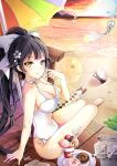  1girl absurdres arm_support azur_lane ball barefoot beach beach_umbrella beachball black_hair boat bow breasts casual_one-piece_swimsuit character_name cleavage collarbone commentary_request crazy_straw doughnut drinking_straw flower food gyaza haagen-dazs hair_bow hair_flower hair_ornament heart_straw high_ponytail highres large_breasts long_hair looking_at_viewer ocean official_alternate_costume one-piece_swimsuit orange_eyes outdoors photoshop_(medium) seashell shell shiny_skin sitting smile solo starfish swimsuit takao_(azur_lane) takao_(beach_rhapsody)_(azur_lane) umbrella very_long_hair watercraft white_bow white_flower white_one-piece_swimsuit wind_chime 
