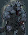  anthro bodily_fluids canid canine cum cum_drip dripping genital_fluids genitals hi_res looking_at_genitalia looking_at_penis male mammal masturbation muscular penile penile_masturbation penis simple_background solo thrisker tongue tongue_out were werecanid werecanine werewolf yellow_sclera 