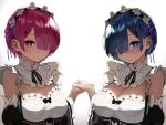  2girls blue_eyes blue_hair commentary detached_sleeves frilled_sleeves frills hair_ornament hair_over_one_eye hair_ribbon highres hylran0427 maid maid_headdress multiple_girls pink_eyes pink_hair pink_ribbon purple_ribbon ram_(re:zero) re:zero_kara_hajimeru_isekai_seikatsu rem_(re:zero) ribbon ribbon-trimmed_clothes ribbon_trim roswaal_mansion_maid_uniform short_hair siblings sisters twins x_hair_ornament 