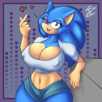  &lt;3 1:1 absurd_res anthro big_breasts bottomwear breasts cleavage clothed clothing crop_top crossgender eulipotyphlan eyelashes female flirting flirting_with_viewer hedgehog hi_res hotpants huge_breasts looking_at_viewer mammal mayaalee midriff mtf_crossgender navel nipple_outline one_eye_closed sega shirt shorts smile solo sonic_the_hedgehog sonic_the_hedgehog_(series) topwear wide_hips wink 