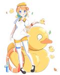  1girl black_footwear blue_eyes colored_inner_hair copyright_request glasses highres innertube leaf licking_lips lifebuoy_hair_ornament multicolored_hair nanhui_(pixiv_25128899) orange_hair rubber_duck shirt short_sleeves shorts solo sparkle standing thighhighs tongue tongue_out water_gun white_shirt white_thighhighs wristband yellow_headwear yellow_shorts 