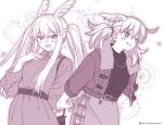  2girls absurdres alternate_hairstyle belt blush breasts dress fate/grand_order fate_(series) fur-trimmed_jacket fur_trim greyscale head_wings highres hildr_(fate) holding_hands jacket jewelry large_breasts long_hair long_sleeves looking_at_viewer mitsurugi_sugar monochrome multiple_girls necklace open_clothes open_jacket sidelocks skirt smile sweater thrud_(fate) twintails valkyrie_(fate) wings 
