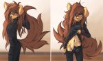  2023 absurd_res anthro apogee_(tinygaypirate) breasts canid canine canis clothed clothing clothing_lift digital_media_(artwork) domestic_dog female female_anthro floppy_ears fur hair hi_res kemono long_hair looking_at_viewer mammal multiple_images navel no_underwear piercing small_breasts solo spitz tail tattoo tinygaypirate unzipped unzipped_pants zipper 