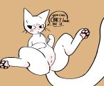 absurd_res blush body_blush brown_background catmakinbiscuits domestic_cat felid feline felis female feral genitals hi_res inviting looking_away mammal multi_nipple nipples paws pink_paws presenting presenting_pussy pussy pussy_blush shikaruneko simple_background solo text whiskers white_body 