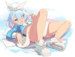  1girl arona_(blue_archive) bare_legs blue_archive blue_eyes blue_hair blue_halo blue_panties blue_serafuku blue_shirt blush bow bow_hairband braid breasts colored_inner_hair commentary english_commentary food footwear_ribbon full_body hair_ribbon hairband halo highres holding holding_food holding_popsicle knees_up light_blue_hair long_bangs long_sleeves lying miniskirt multicolored_hair on_back panties pantyshot pink_hair popsicle puffy_long_sleeves puffy_sleeves revision ribbon sailor_collar saliva saliva_trail school_uniform serafuku sgt-jz shirt shirt_bow shoes short_hair side_braid single_braid skirt small_breasts sneakers solo striped striped_panties tongue tongue_out two-tone_hair underwear variant_set white_bow white_footwear white_hairband white_ribbon white_sailor_collar white_skirt 