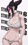  1girl abs absurdres black_hair bra breasts choker cleavage copyright_name double_bun english_text grey_bra grey_panties grin groin hair_bun han_juri head_tilt highres jin_rou large_breasts lips multicolored_hair navel panties panty_pull pink_hair purple_eyes smile solo stomach streaked_hair street_fighter two-tone_hair underwear underwear_only white_background white_choker 