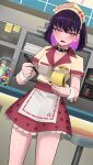  1girl blush breasts coffee_pot collar english_commentary hair_between_eyes highres indoors jourd4n medium_breasts miniskirt minori_yume_(jourd4n) open_mouth original pen pink_eyes purple_hair short_hair short_sleeves skirt solo sweatdrop tongue waitress wrist_cuffs 